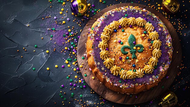 Um rico e veludo bolo de queijo de mardi gras é o deleite ideal para desfrutar no mardi gras com um pano de fundo temperamental.