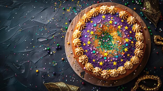 Um rico e veludo bolo de queijo de mardi gras é o deleite ideal para desfrutar no mardi gras com um pano de fundo temperamental.