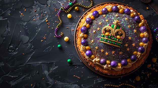 Foto um rico e veludo bolo de queijo de mardi gras é o deleite ideal para desfrutar no mardi gras com um pano de fundo temperamental.