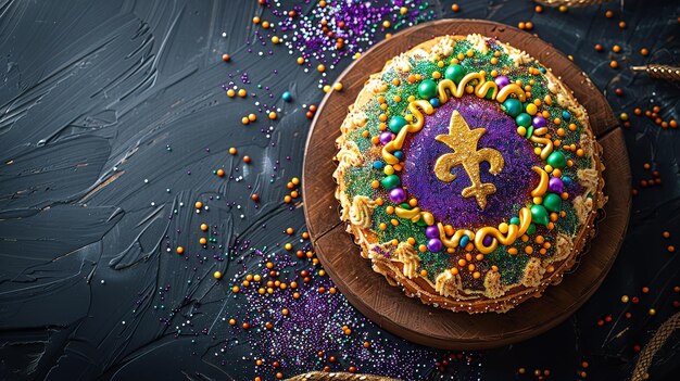 Foto um rico e veludo bolo de queijo de mardi gras é o deleite ideal para desfrutar no mardi gras com um pano de fundo temperamental.