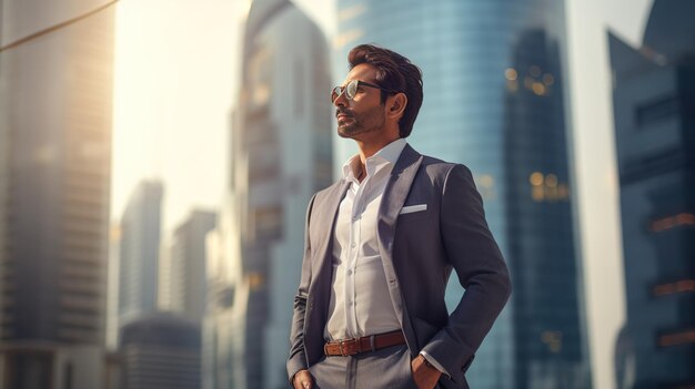 Um rico empresário indiano do leste, confiante, executivo, numa grande cidade moderna, olhando e sonhando com o futuro sucesso dos negócios, pensando em novas metas, visão de negócio e conceito de liderança.