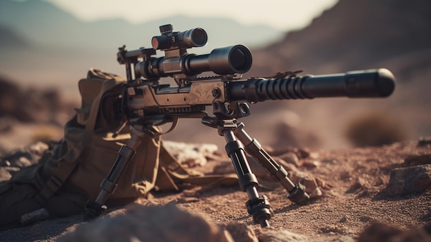 Um rifle fica em uma rocha no deserto.