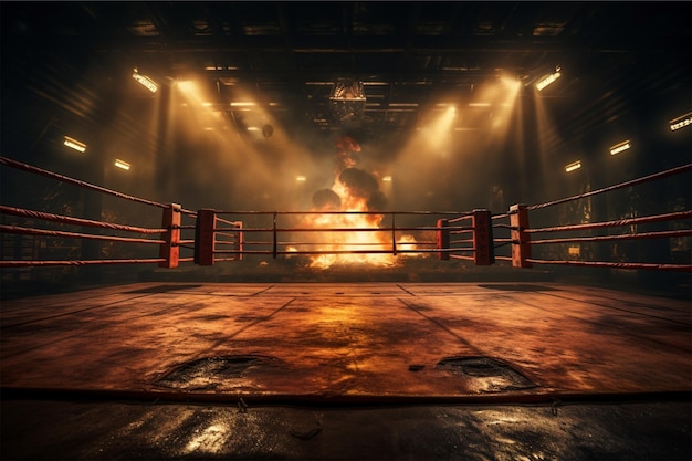 Foto um ringue de boxe com fogo queimando no centro