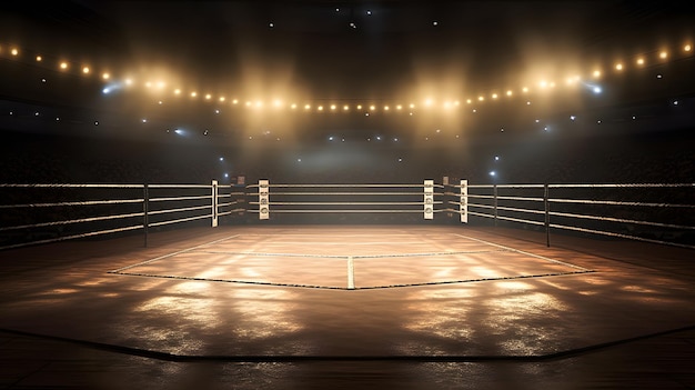 Um ringue de boxe com luzes na parede