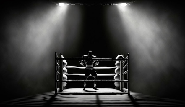 Um ringue de boxe com um homem dentro e uma luz na parede