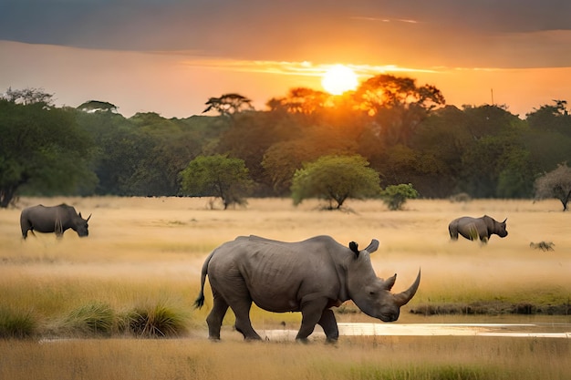 Um rinoceronte em um campo ao pôr do sol