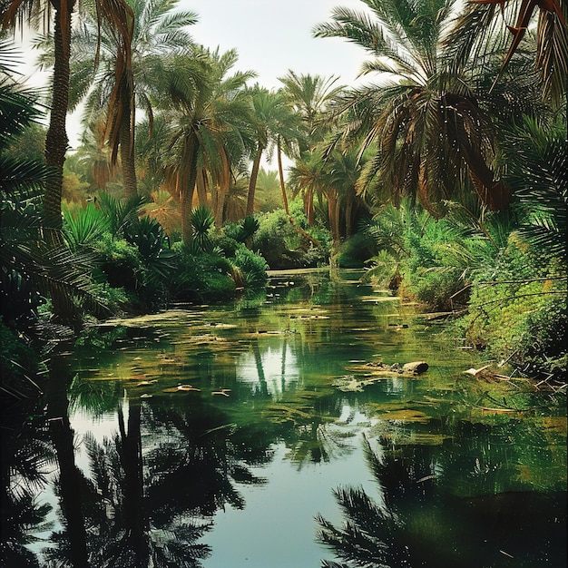 Foto um rio alinhado com palmeiras com um barco na água