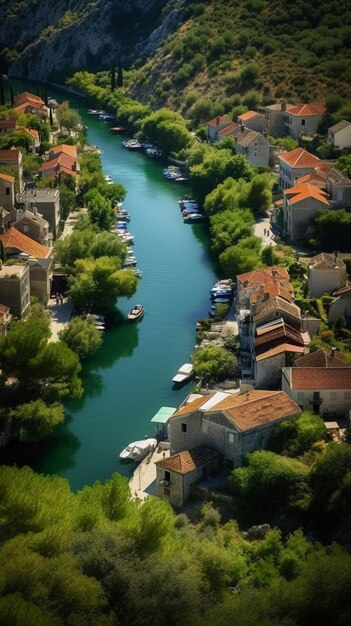 Foto um rio atravessa a aldeia de hvar.