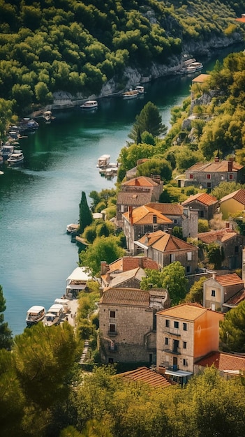 Um rio atravessa a aldeia de kotor