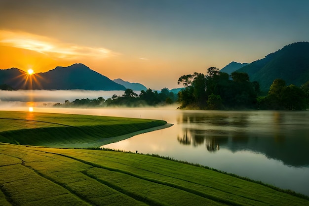 Um rio atravessa um campo com montanhas ao fundo