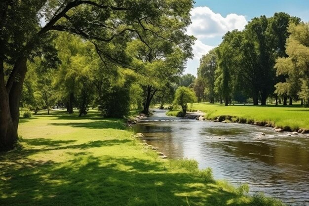 Um rio atravessa um parque com árvores e grama