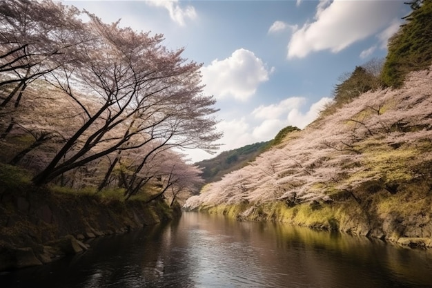Um rio atravessa um vale com cerejeiras em flor.