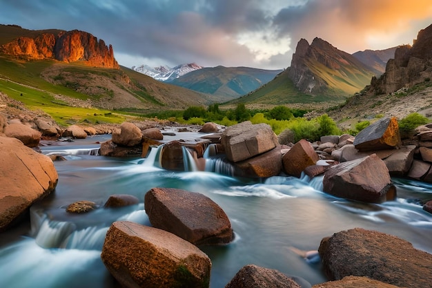 Um rio atravessa um vale com montanhas ao fundo.