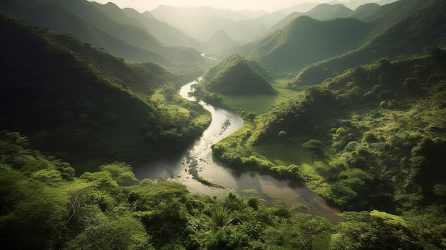 Um rio atravessa um vale com montanhas ao fundo.