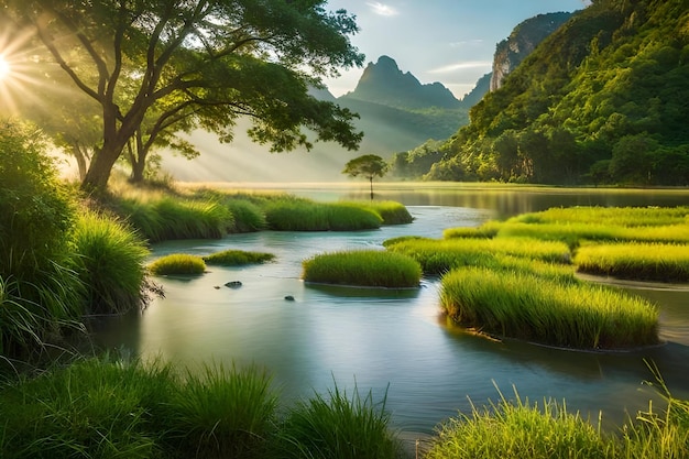 Um rio atravessa um vale com uma montanha ao fundo.