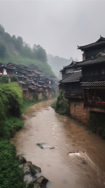 Foto um rio atravessa uma aldeia na chuva.