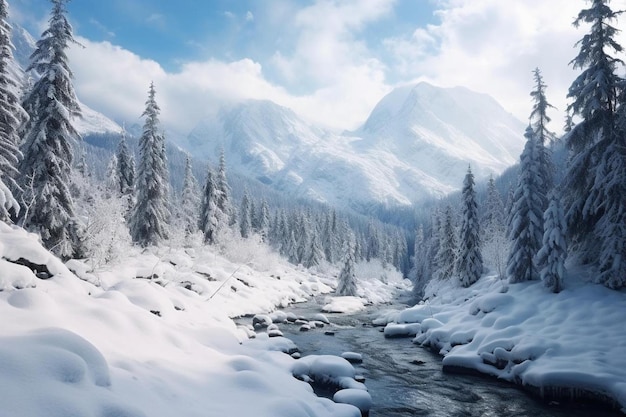 Um rio atravessa uma floresta coberta de neve com uma montanha ao fundo.