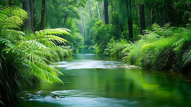 Foto um rio atravessa uma floresta com samambaias e árvores