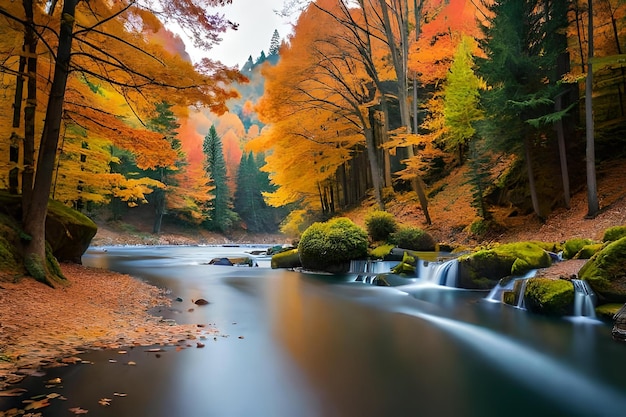 Um rio atravessa uma floresta com uma cachoeira ao fundo.