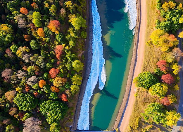 Um rio atravessa uma floresta com uma represa em primeiro plano e um rio com árvores ao fundo.