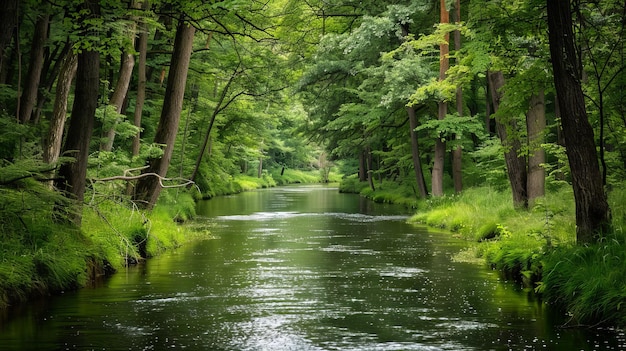 Um rio atravessa uma floresta verde e exuberante.