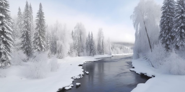 Um rio atravessa uma paisagem de neve.