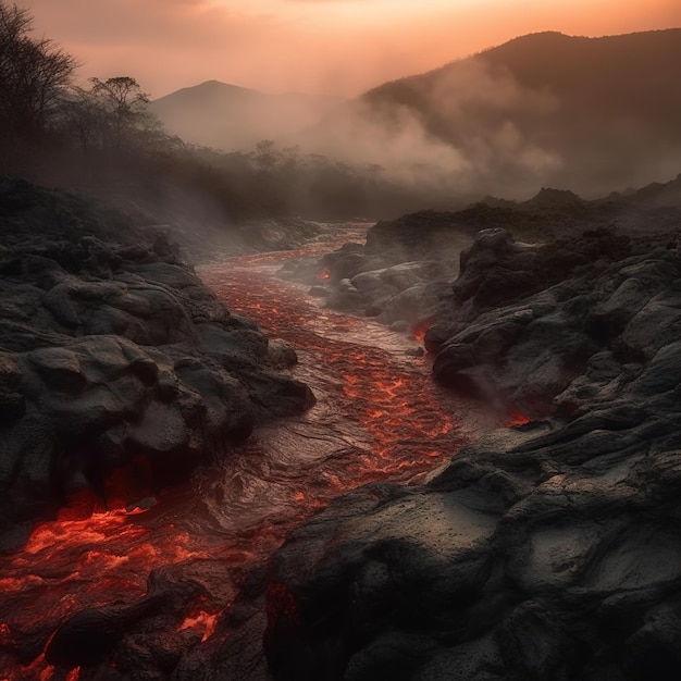 Um rio atravessa uma paisagem rochosa com um céu vermelho e o sol se pondo atrás dele.