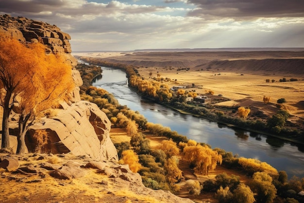 Foto um rio atravessa uma paisagem rochosa com um rio fluindo através dele