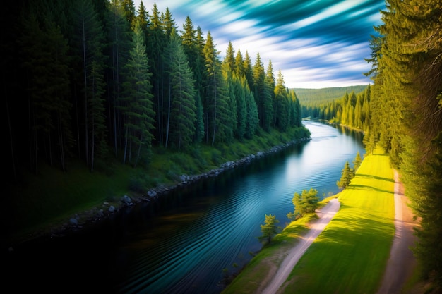 Um rio atravessando uma floresta verde e exuberante