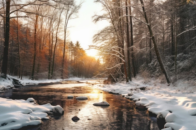 Um rio coberto de neve na floresta com uma paisagem coberta de neve ao fundo