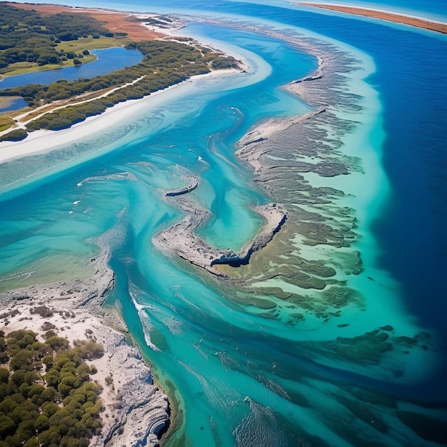 um rio com água azul e água verde com um rio fluindo através dele