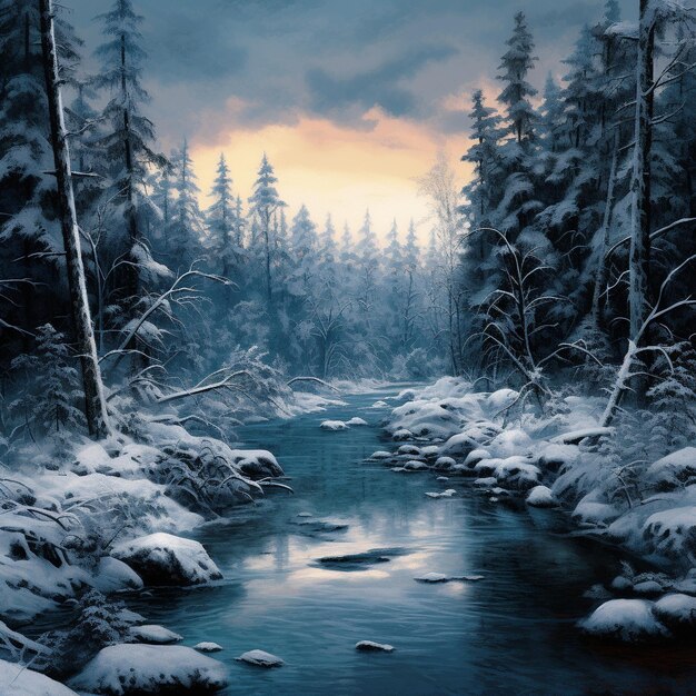 um rio com árvores cobertas de neve e um céu nublado