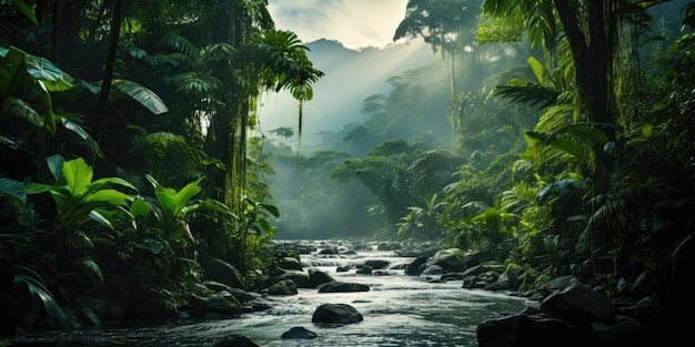 um rio com árvores e plantas ao seu redor