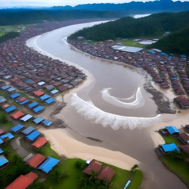 Foto um rio com casas no fundo e um sinal que diz que o rio