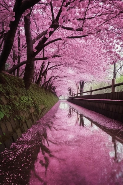 Um rio com flores de cerejeira rosa