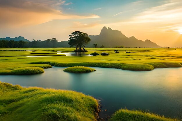 um rio com grama verde e montanhas ao fundo