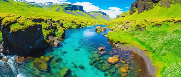 Foto um rio com montanhas verdes ao fundo