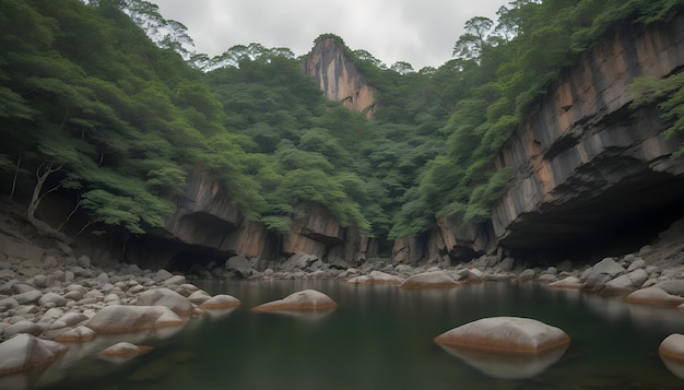 Foto um rio com rochas e árvores no fundo
