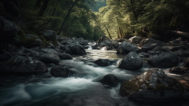 Foto um rio com rochas e árvores no fundo