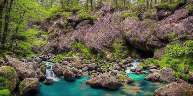 Um rio com uma água azul fluindo através dele