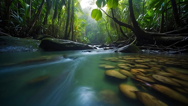 Foto um rio com uma cachoeira e uma árvore ao fundo