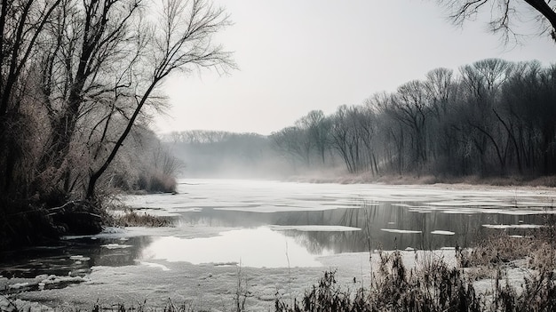 Um rio congelado com um fundo nebuloso e a palavra gelo nele.