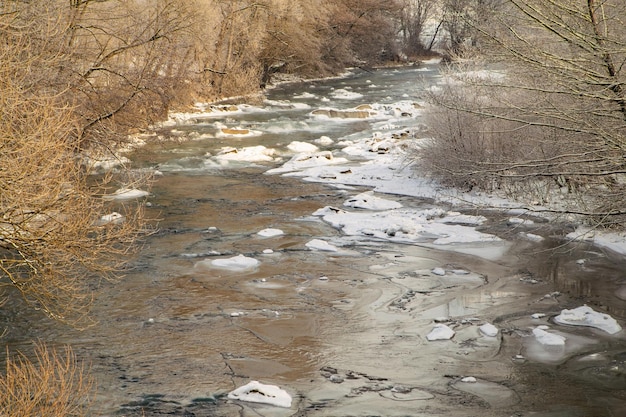 Um rio congelado flui perto das árvores na neve em um dia frio de inverno x9