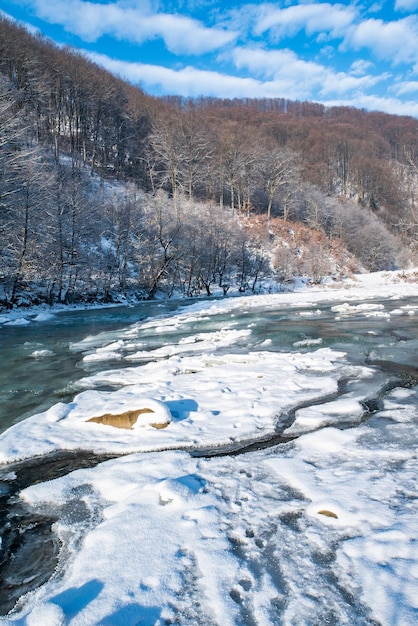 Um rio congelado flui perto das árvores na neve em um dia frio de inverno