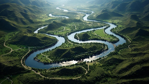 Um rio corre através de um vale.