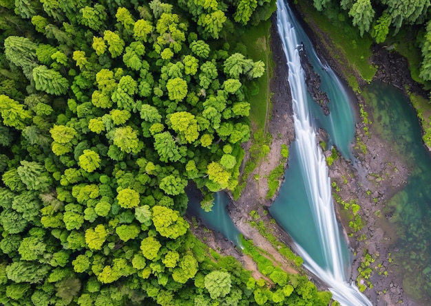 Um rio corre através de uma floresta