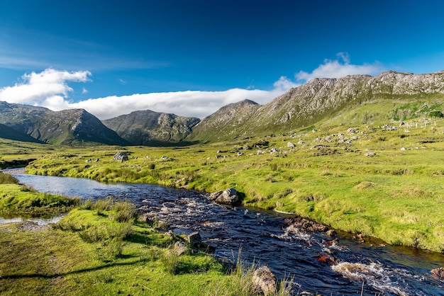 Foto um rio corre entre os prados em frente às majestosas montanhas twelve bens em connemara, irlanda