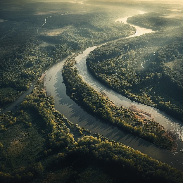 Um rio corre pelas montanhas e o sol está brilhando.