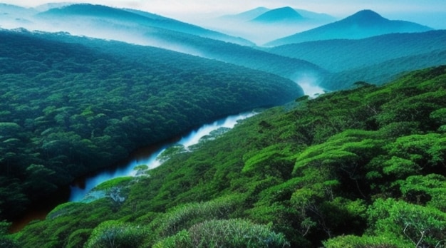 Um rio corre pelas montanhas