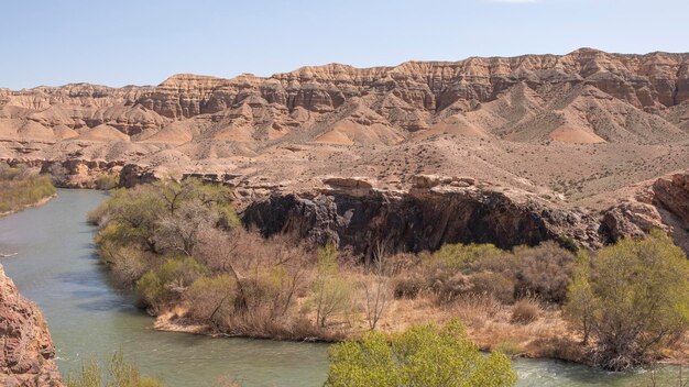 Foto um rio corre pelo deserto e as montanhas estão cobertas de vegetação verde.